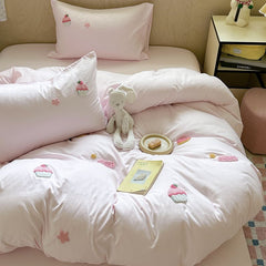 JazzHer Ins Cartoon Cute Towel Embroidery Washed Cotton Four-Piece Set Quilt Cover Set Bed Sheet Three-Piece Set Bedding Set