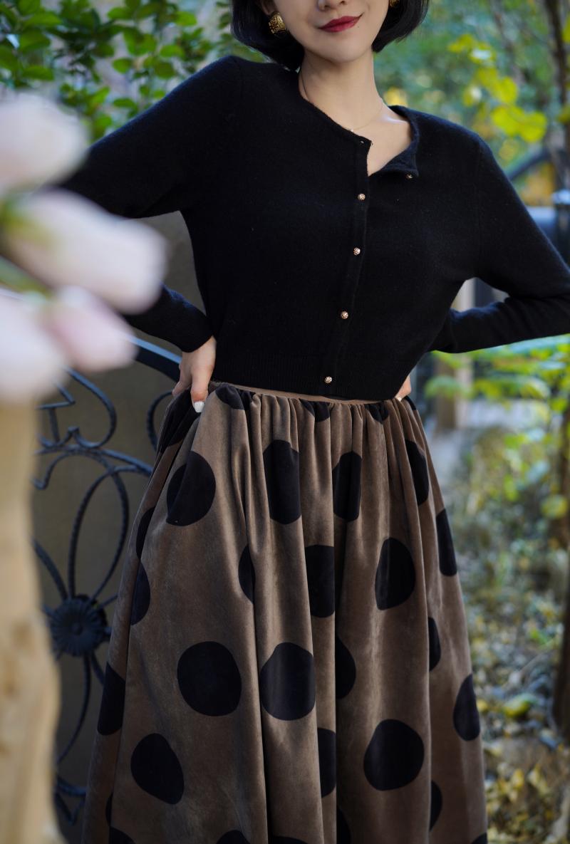 Jazzher Birch Brown Polka Dot Velvet Umbrella Skirt