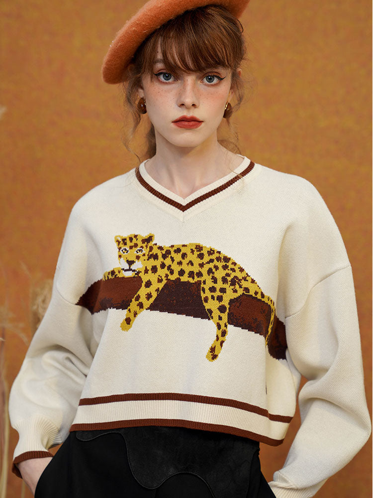 JazzHer 2024 Fall Fashion A Leopard Knit Sweatshirt That Stays On The Tree