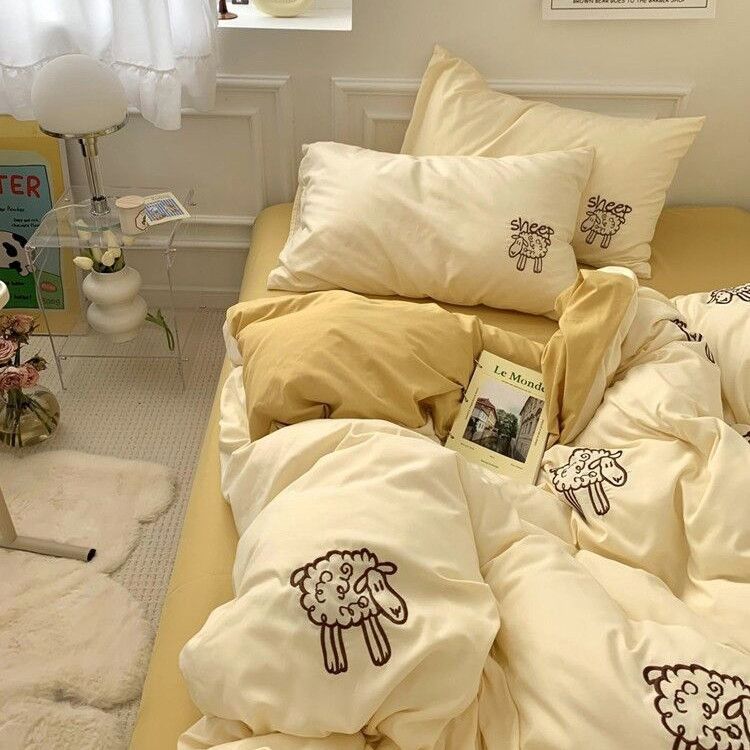 JazzHer 2024 New Kawaii Duvet Cover Flat Sheet Pillowcases Kit No Filling Twin Single Queen Size Kids Adult Bedding Set Ins Style