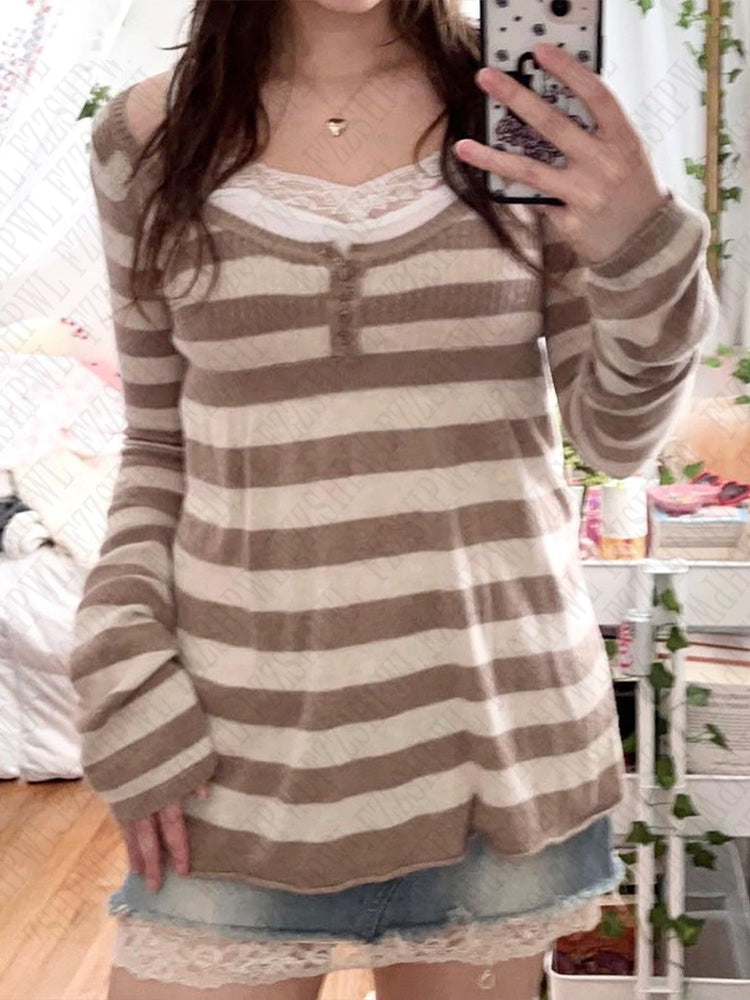 JazzHer Striped casual pattern sweater cotton chic grunge punk Y2K top street high street rock aesthetic retro hop fashion women sweater