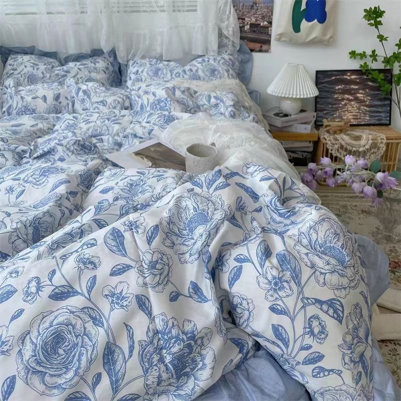 JazzHer Korean Style Duvet Cover Set No Filler Fashion Floral Ins Twin Double Queen Size Boys Girls Flat Sheet Pillowcases Bedding Linen
