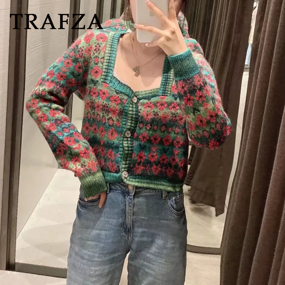 cold weather outfits JazzHer 2024 Autumn Winter Vintage Women Sweaters Fashion Single Breasted Square Collar Knitted Floral Chic Ladies Sweaters