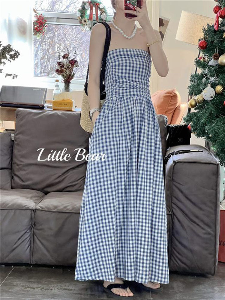 JazzHer Vintage Plaid Dress Women Korean Elegant Tube Top Folds Midi Dress Summer Holiday Beach Y2K All Match Female Vestidos