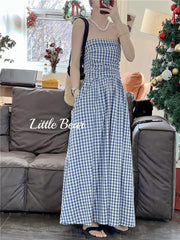 JazzHer Vintage Plaid Dress Women Korean Elegant Tube Top Folds Midi Dress Summer Holiday Beach Y2K All Match Female Vestidos