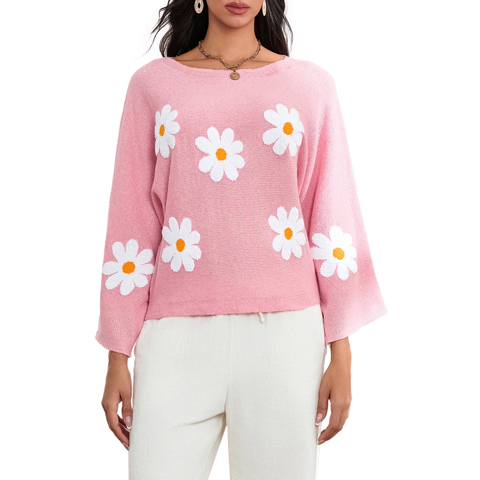 thanksgiving outfit JazzHer Women Loose Knit Sweater Sweet Flower Embroidered Long Sleeve Boat Neck Pullovers Spring Fall Casual Jumpers Tops