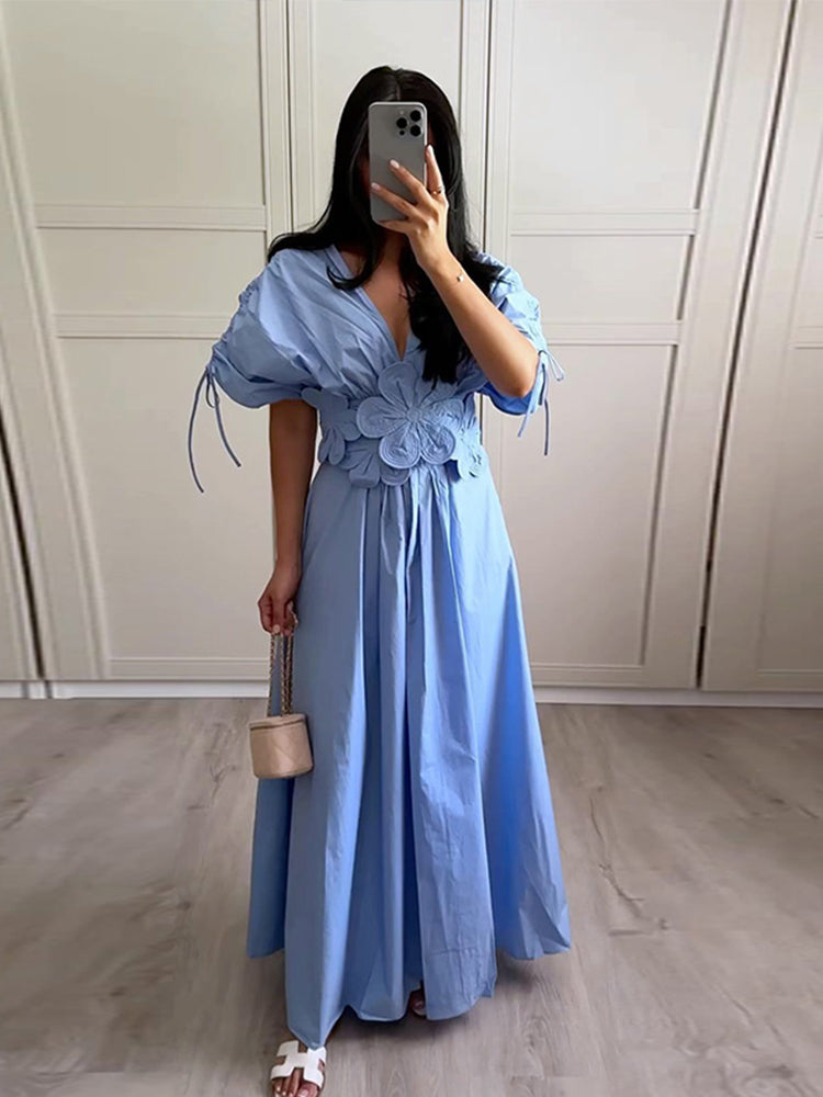 JazzHer Elegant Pleated 3d Flower Long Dress Women Chic V-neck Short Sleeve High Waist Female Party Dresses 2024 Summer Lady Floral Robe