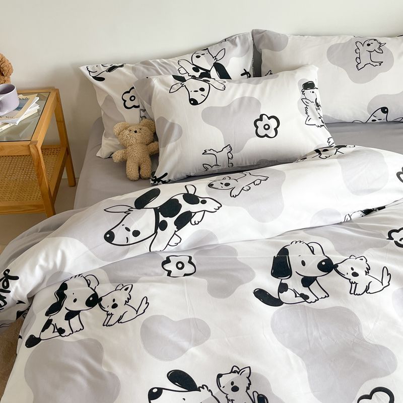 JazzHer Cute Bedding Set Kawaii Cartoon Boys Girls Ins Duvet Cover with Zipper No Filler Flat Sheet Pillowcase Queen Size Bed Linens