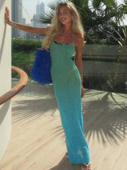 JazzHer Chic U Neck Gradient Tie-dye Knit Halter Long Dress Sexy Sleeveless Backless Slim Fit Robes Lady Summer Beach Vacation Vestidos