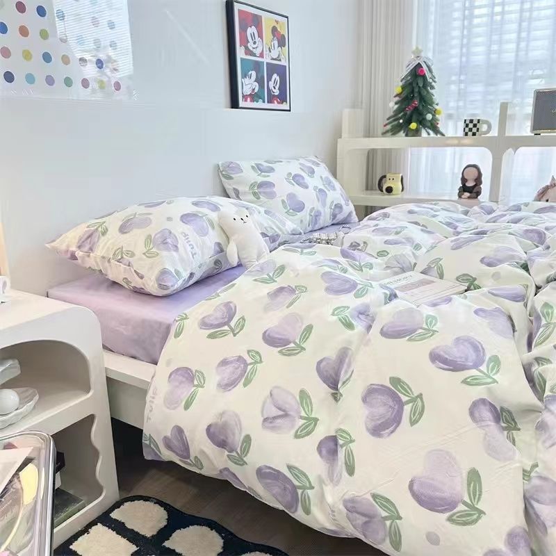 JazzHer Floral Korean Style Duvet Cover Set No Filler Pillowcase Flat Sheet Twin Queen Size Boys Grils Romantic Bedding Kit