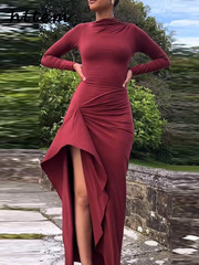 JazzHer Elegant Ruched Long Party Dress Women Bodycon O-neck Full Sleeve Package Hip Female Dresses 2024 Autumn Lady Sexy Wine Red Robes