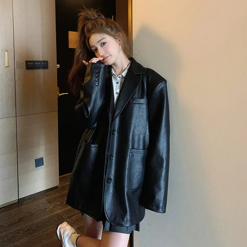 cold weather outfits JazzHer BlackPU Leather Suit Jacket Women's 2024 Spring Autumn New Style HongKong Vintage Casual Street Western-Style Clothes Top Leathe