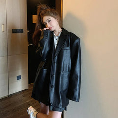 cold weather outfits JazzHer BlackPU Leather Suit Jacket Women's 2024 Spring Autumn New Style HongKong Vintage Casual Street Western-Style Clothes Top Leathe