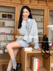 JazzHer Autumn  New Korean Preppy Style Sweet 3 Piece Set Women Y2k Bow Embroider Sweater + Striped Polo Shirt  + High Waist Mini Skirt