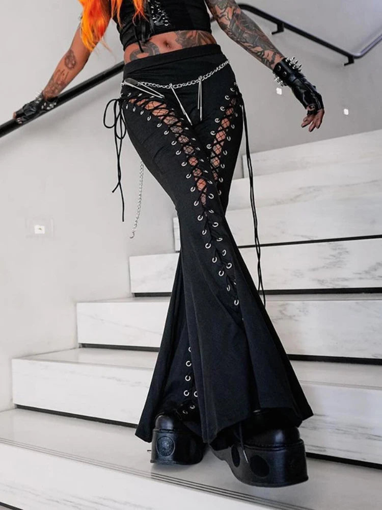 JazzHer Streetwear Gothic Pants Women Harajuku Cyber Punk Eyelet Lace-up Hollow Out High Waist Flare Pants Y2k Grunge Trousers