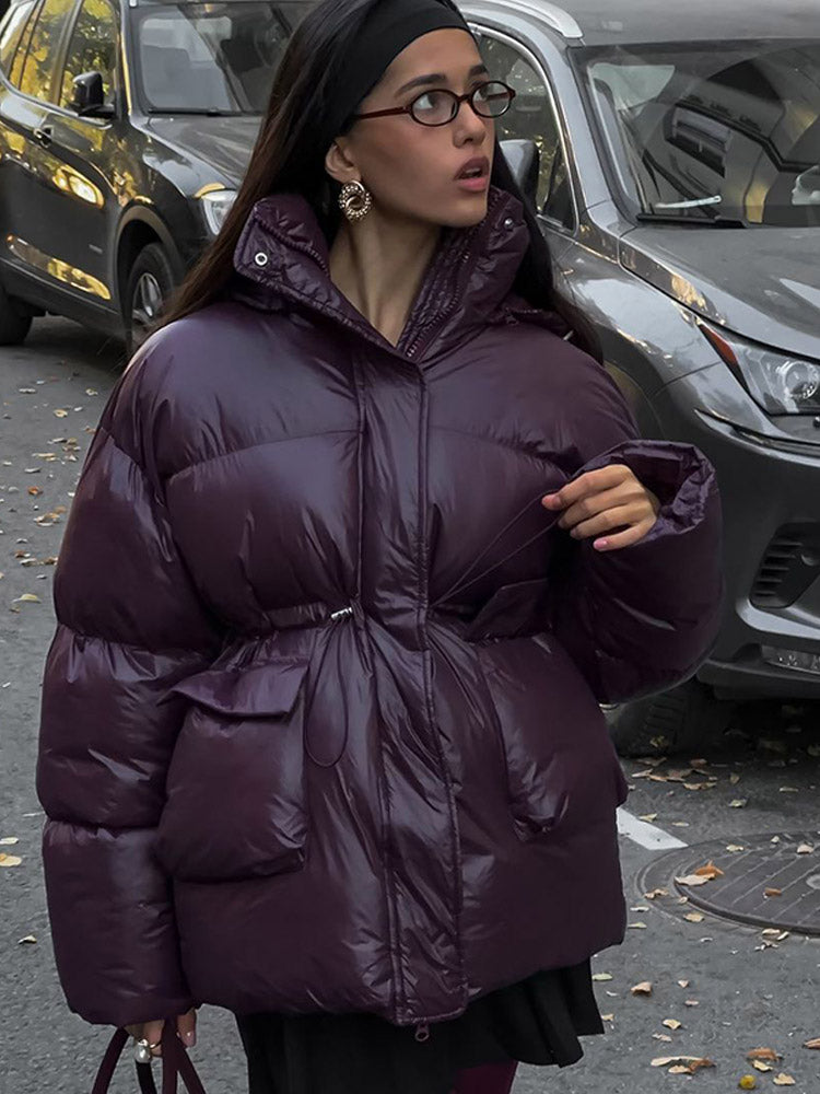 JazzHer Winter Chic Burgundy Women's Padded Cotton Jackets Fashion Stand Collar Zipper Pockets Warm Coats 2024 Female Thicken Streetwear