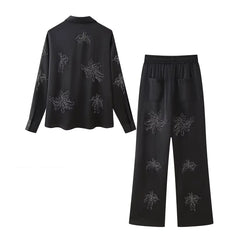 cold weather outfits JazzHer 2024 Spring Summer Casual Beading Floral Women Suits Fashion Embroidery Single Breasted Shirts+Midi Waist Long Pants