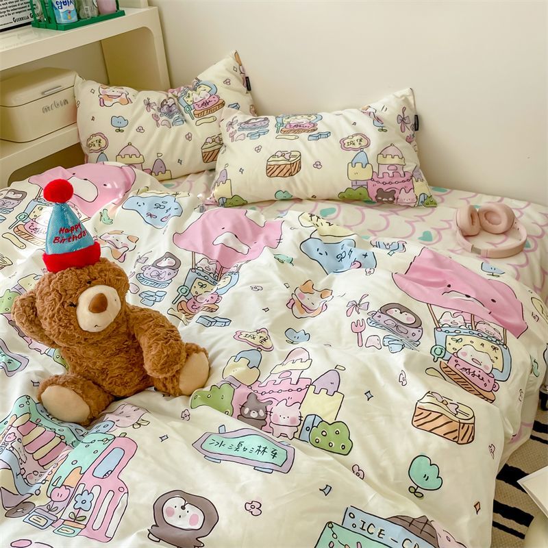 JazzHer Cute Cartoon Bedding Set Ins Style Duvet Cover Without Comforter Pillowcases Flat Sheet New Arrival Soft Bed Linens