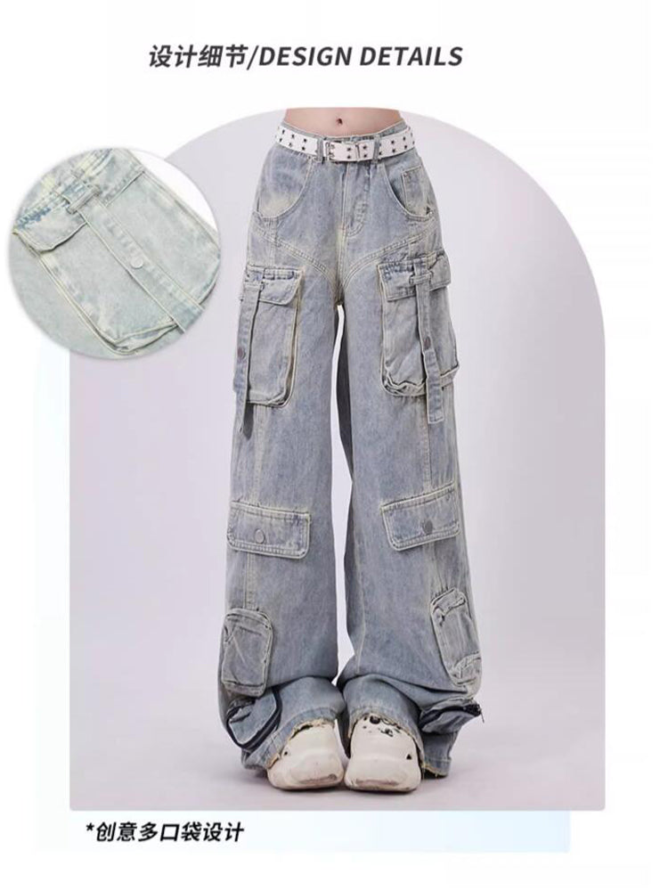 christmas outfit JazzHer Women's Light Blue Y2k Cargo Jeans Harajuku Denim Trousers Aesthetic Y2k Jean Pants Vintage Japanese 2000s Style Trashy Clothes