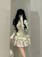 JazzHer 2025 Autumn Winter Elegant 2 Piece Skirt Set Women Casual Sexy Bow Slash Nece Knitted sweater + Y2k Sweet Skirt Office Lady Suit