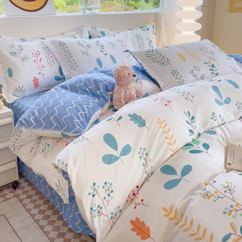 JazzHer Korean Style Bedding Set Twin Queen Size Cute Cream Cherry Duvet Cover Flat Sheet Pillowcase Polyester Boys Girls Bed Linen