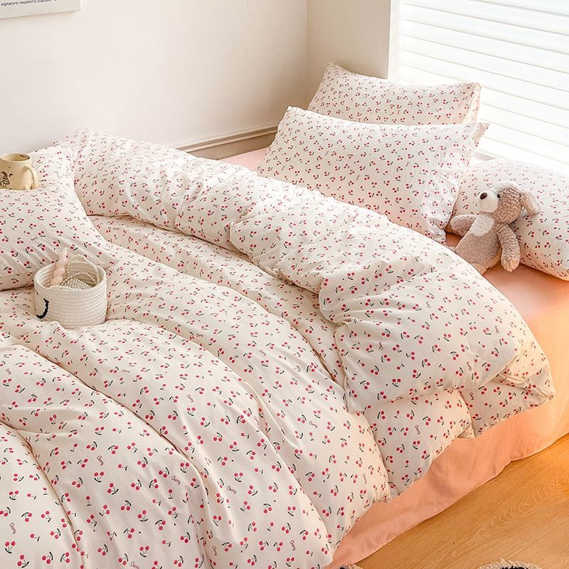 JazzHer INS Cute Little Dog Teddy Double Layer Bedding Set Lovely Cartoon Animal Brown Sheet With Pillowcases Quilt Dormitory For Kids