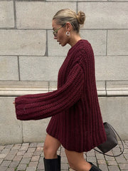 thanksgiving outfit JazzHer Vintage Burgundy Sweaters Top Women Casual Oversized O-neck Long Sleeve Pullovers 2024 Autumn Fashion High Street Knitwears Lady