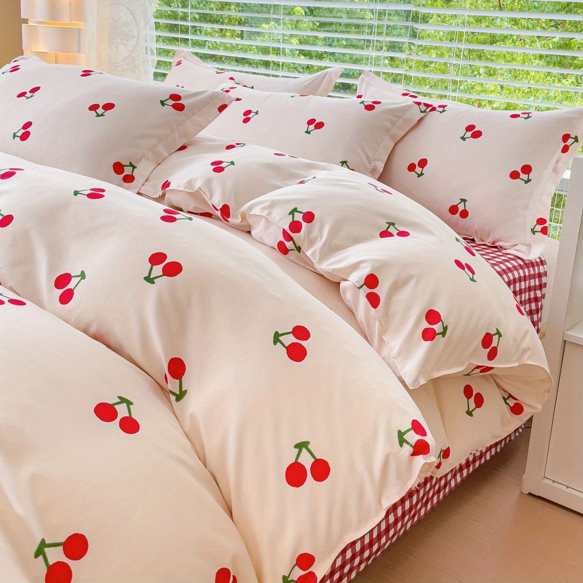 JazzHer Korean Red Heart Bedding Set No Filler Twin Queen Duvet Cover Flat Sheet Pillowcase Girls Adults Fashion Floral Home Textile