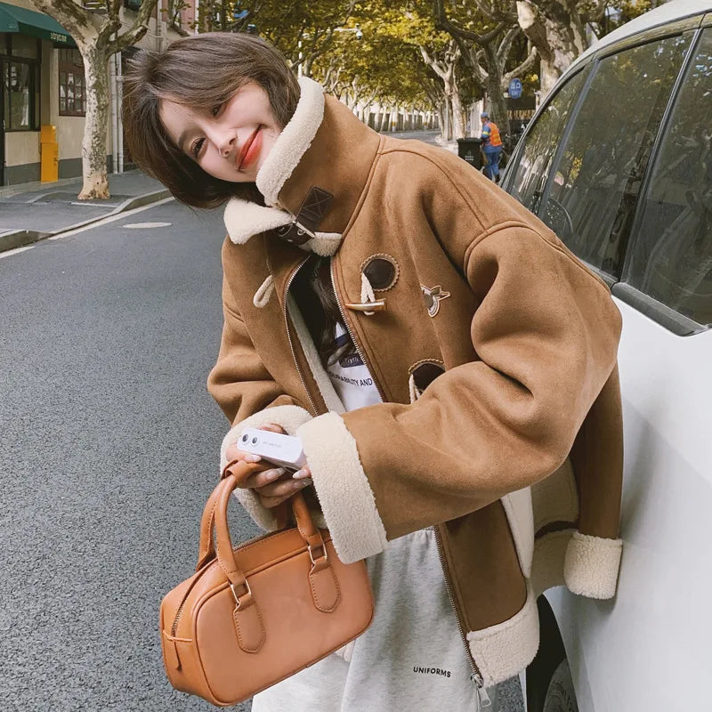 cold weather outfits JazzHer Vintage Brown Leather Women's Cropped Jacket Lamb Wool Integrated Pocket Maillard Autumn/Winter New Arrival Thickened Loose Fit