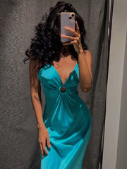 JazzHer Elegant Satin Hollow Out Sling Dress Women Sexy V-neck Sleeveless Backless Female Party Dresses 2024 Summer Lady Fashion Robes