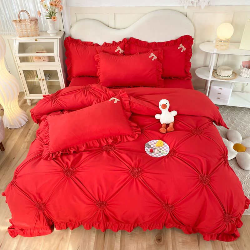 JazzHer Korean version bed skirt four piece set, princess style bedding set, autumn and winter thickened matte four piece set