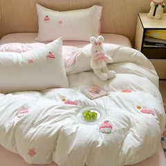 JazzHer Ins Cartoon Cute Towel Embroidery Washed Cotton Four-Piece Set Quilt Cover Set Bed Sheet Three-Piece Set Bedding Set