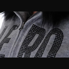 JazzHer Y2K Winter Short Fashion Loose Letter Printing Streetwear Hoodie Zipper Pocket Grey Pure Colour Outerwear Fashion Punk Hiphop