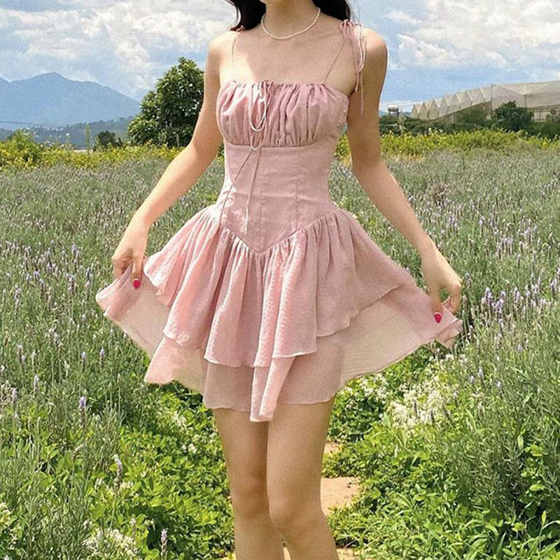 JazzHer-Women Summer Sexy y2k Fairy Dress Casual Loose Dress Lace Up Ruffle Corset Mini Dress