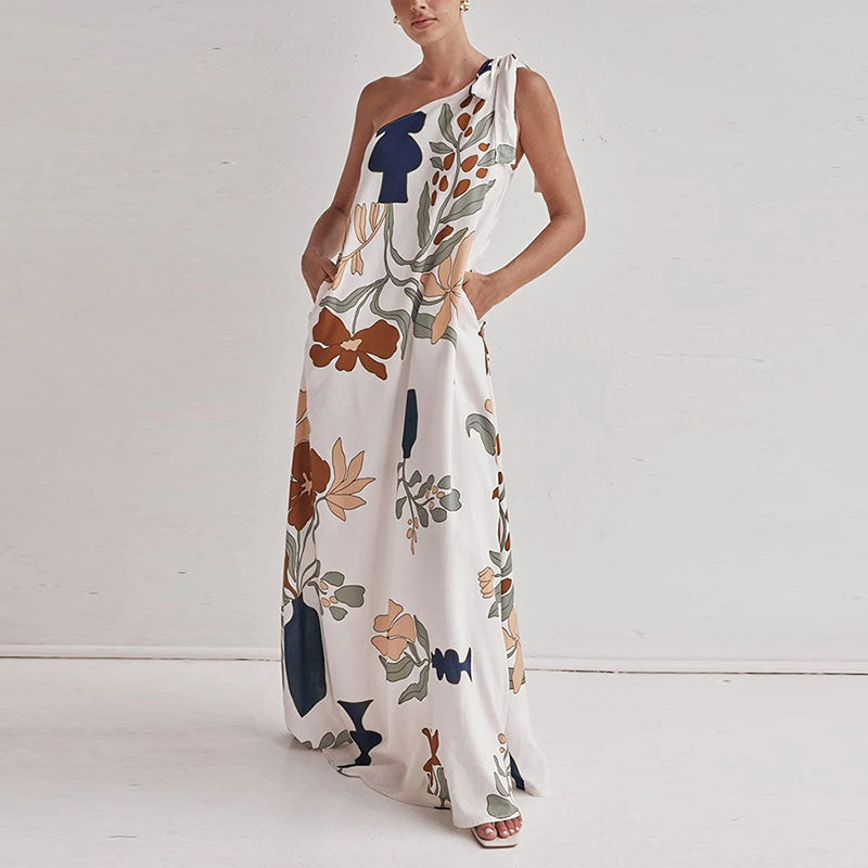JazzHer Skew Collar Lace Up Casual Maxi Dress Women Summer Print Sleeveless Backless Beach Dresses 2025 Holiday Chic Ladies Vestidos