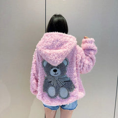 cold weather outfits JazzHer Trendy Brand Cute Pink Rhinestone Bear Jacket With Hoodie Autumn/Winter High Definition Genuine Leather Coat Handmade Embroidery