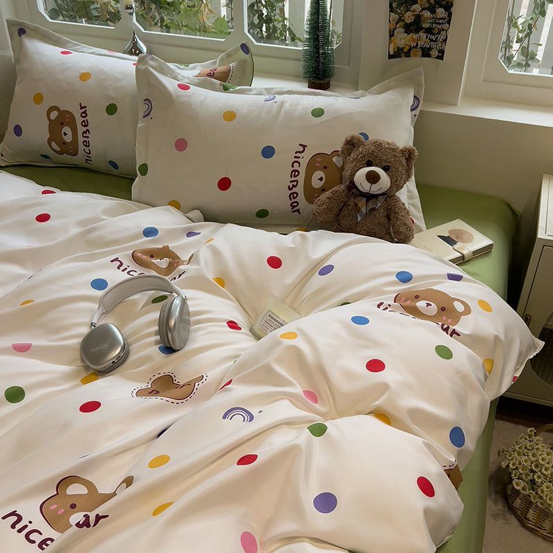 JazzHer Cute Bedding Set Kawaii Cartoon Boys Girls Ins Duvet Cover with Zipper No Filler Flat Sheet Pillowcase Queen Size Bed Linens