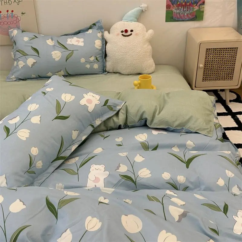 JazzHer Korean Style Bedding Set Boys Girls Twin Queen Size Duvet Cover Flat Sheet Pillowcase Bed Linens Kids Adult Fashion Home Textile