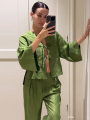 JazzHer Casual Loose 2 Pieces Sets Women 2024 Summer V-neck Lace Up Long Sleeve Blouses Wide Leg Trousers Vintage Green Lady Pants Suit