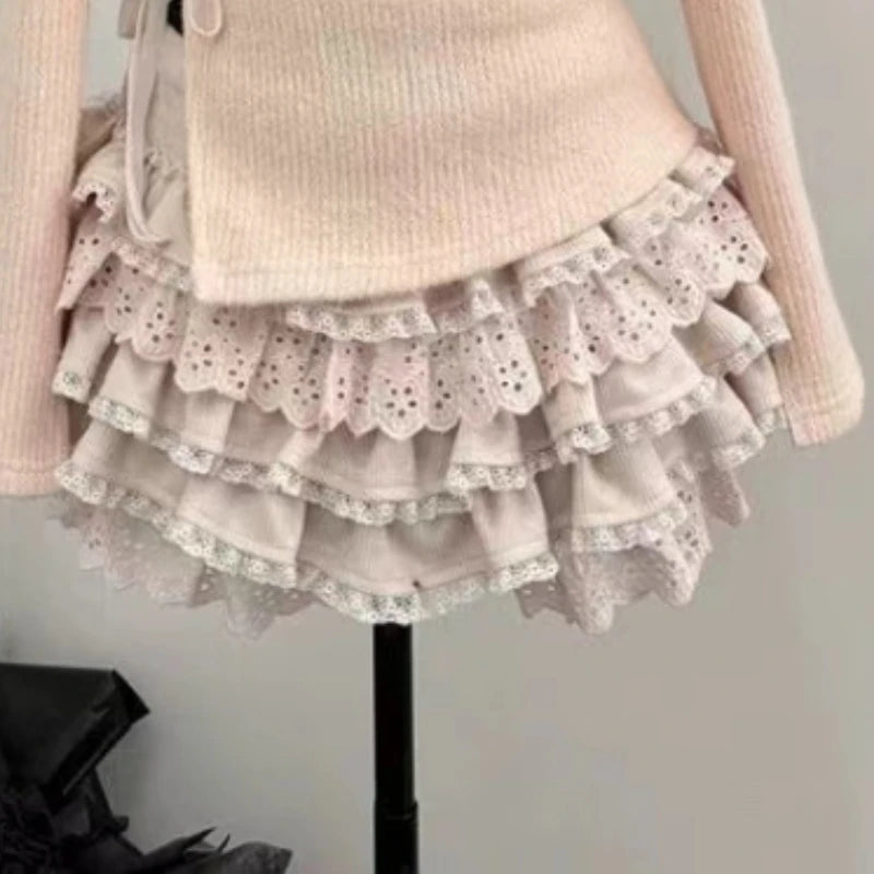 JazzHer Japaneses Kawaii Two Piece Set Women Sweet Lace Bow Tops + Y2k Mini Cake Skirt Autumn Winter Elegant Knitted Skirt Suits Chic