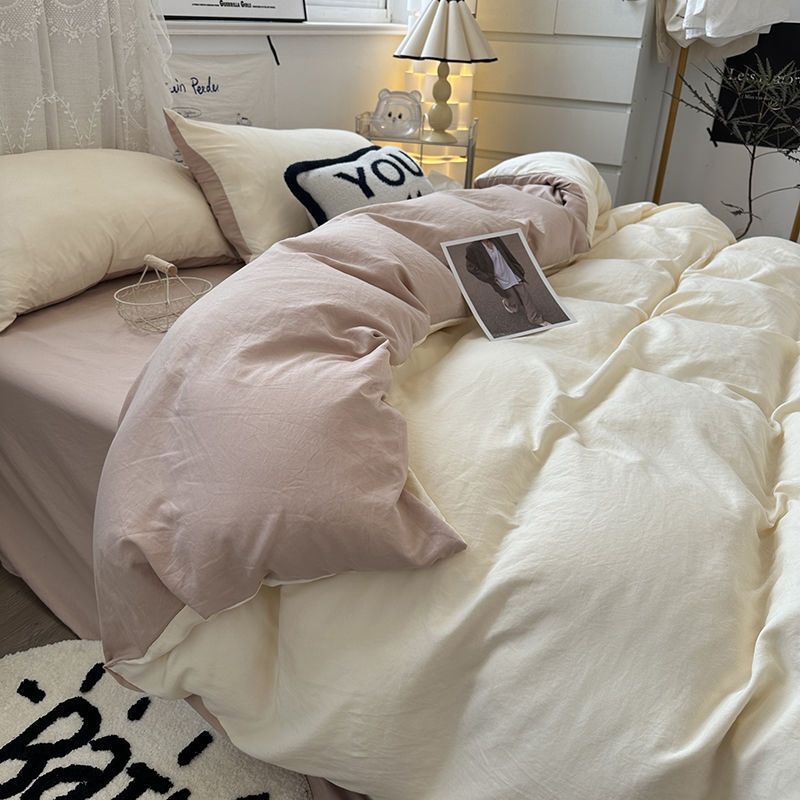 JazzHer Simple Korean Style Bedding Set Double Color Duvet Cover Polyester Queen Full Twin Size Bed Flat Sheet Quilt Cover Pillowcases