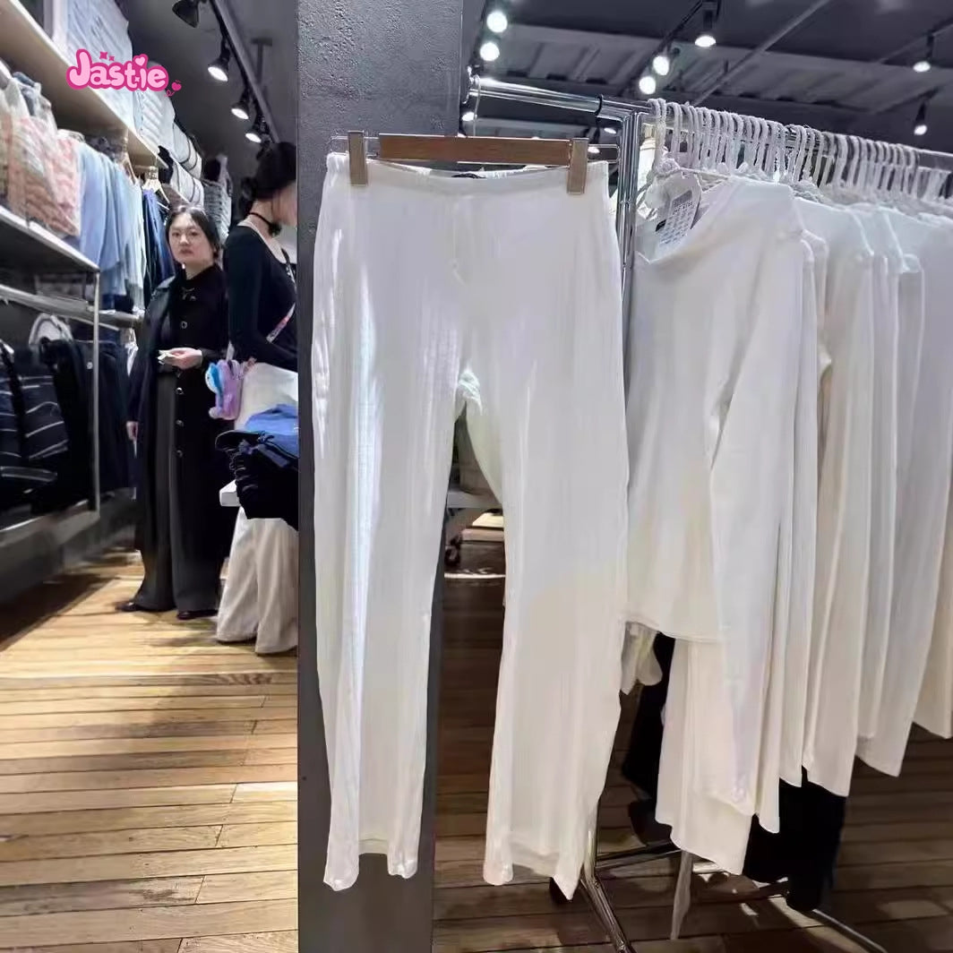 JazzHer New White Eyelets Homwear Women Toruser Cotton Elastic Waist Casual Straight Pant For Women With Hollow Versatile Female Clothes