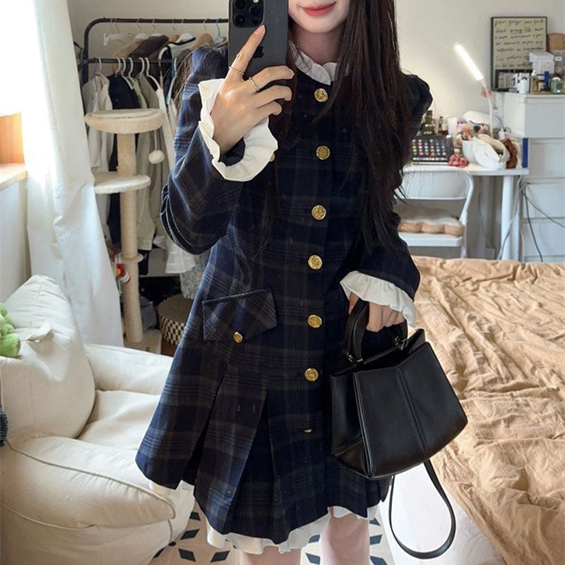 JazzHer French Plaid Dresses Women Autumn Winter New Ruffles O Neck Single Breasted Pleated Dress Korean Slim Elegant Vintage Vestidos