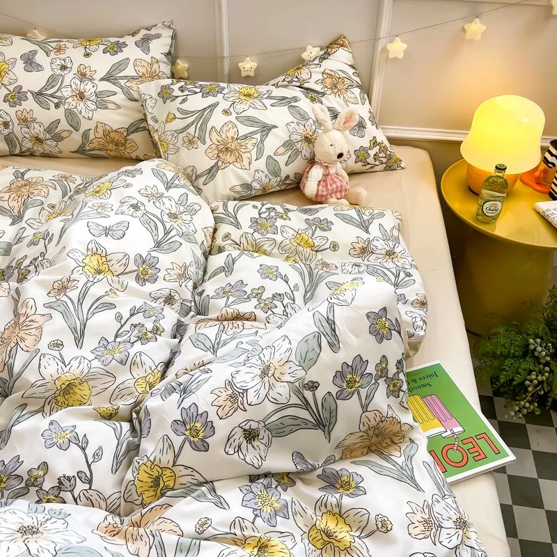 JazzHer Floral Bedding Set Ins Lilac Duvet Cover with Zipper No Filler Flat Sheet Pillowcase Twin Full Queen Size Girls Bed Linens