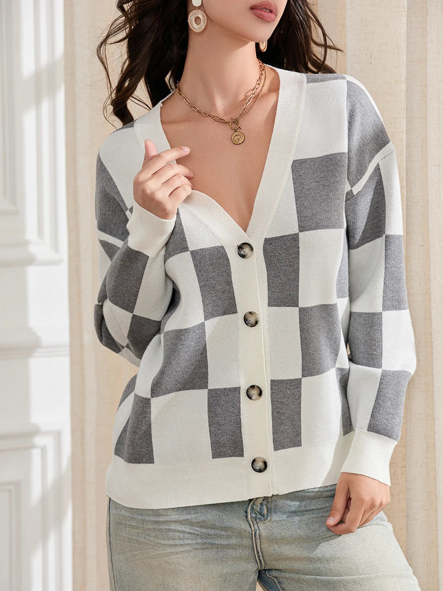 thanksgiving outfit JazzHer Women's Autumn Winter Knit Cardigan Long Sleeve V Neck Checkerboard Print Knitwear Sweater