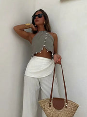 thanksgiving outfit JazzHer Casual Beading 2 Piece Set For Women Halter Sleeveless Shell Crop Top Pants Sets Female 2024 Summer Fashion Beach Lady Outfit