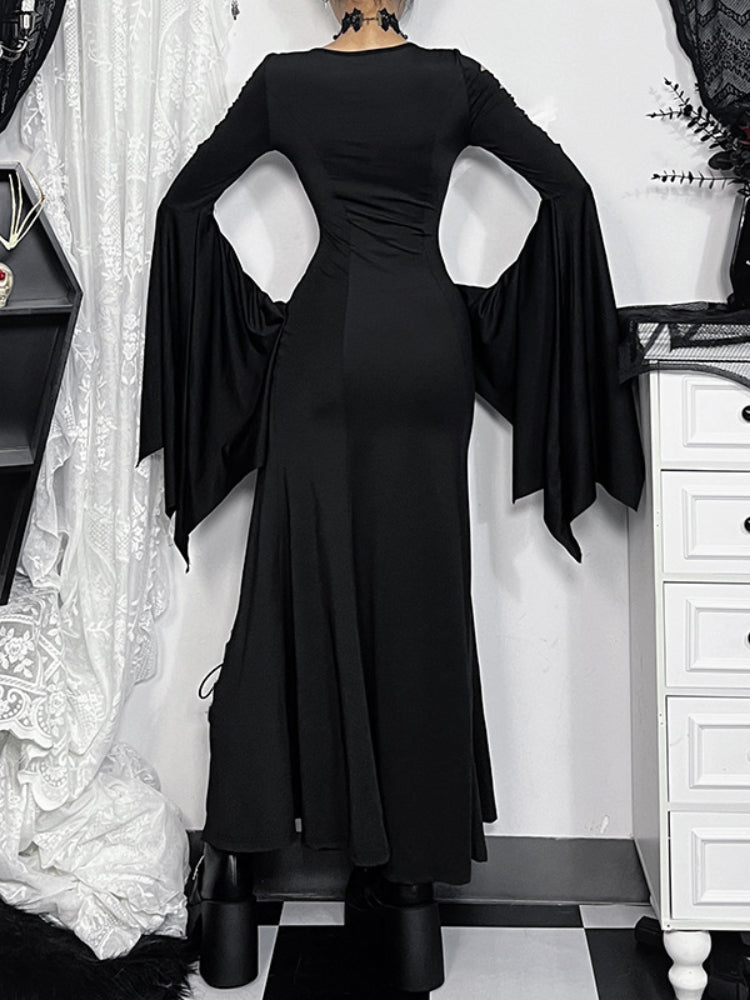 JazzHer Gothic Black Witch Dress Women Cosplay Vintage Streetwear Hollow Out Flare Sleeve High Waist V-neck Midi Dress Clubwear