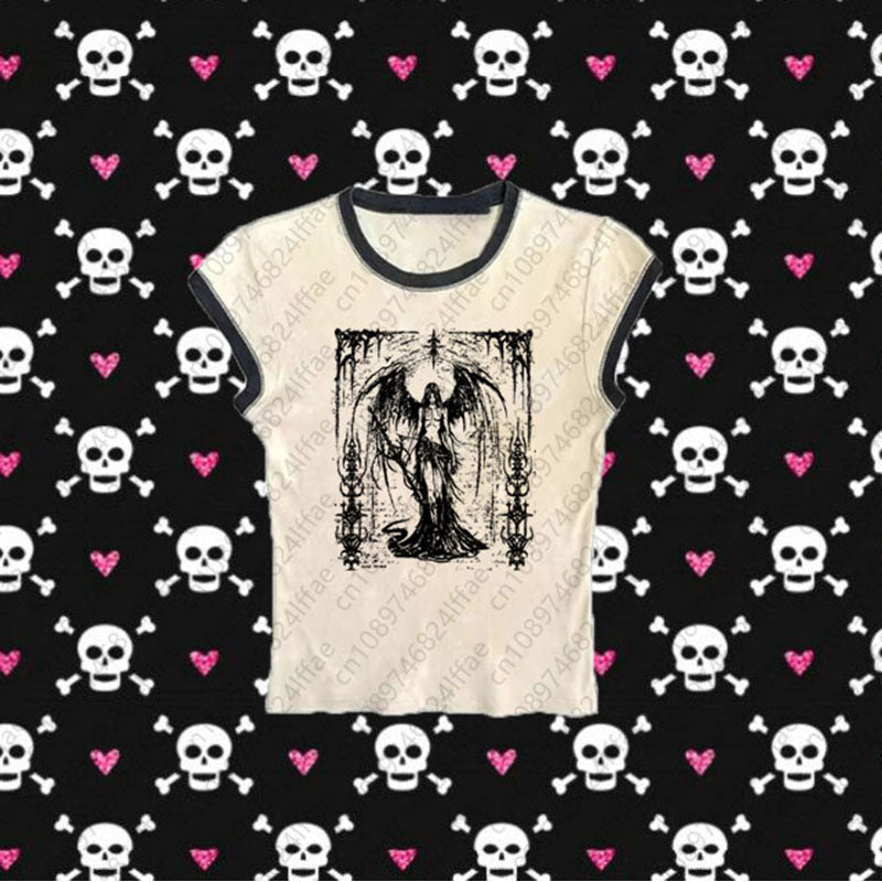 JazzHer Harajuku Aesthetic Y2k Crop Top Women Sexy gothic Print Graphics Baby Tee Goth Casual Short Sleeve Tshirt Punk Streetwear Slim