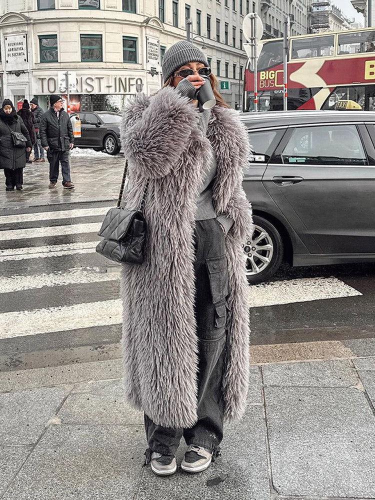 JazzHer Women's Fashion Grey Warm Faux Fur Long Coat 2024 Luxury Lapel Full Sleeve Thick Fluffy Overcoat Winter Casual Female Streetwear