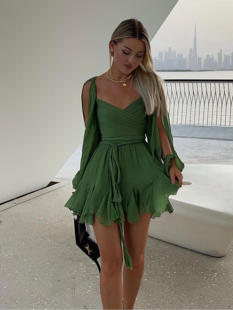 JazzHer Chiffon Green Ruffles Mini Dresses Women Elegant Long Sleeve A Line Beach Robe Fashion Lady Ruffles Holiday Summer Party Vestido